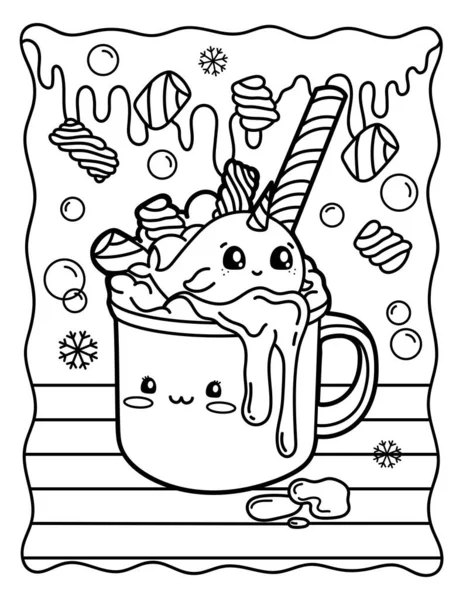 Kawaii Coloring Page Whale Cup Cocoa Marshmallow Sweets Coloring Book — Stok Vektör