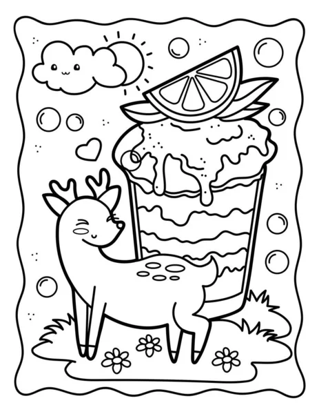 Ute Deer Kawaii Coloring Page Sweets Black White Illustration — Vettoriale Stock