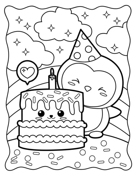 Birthday Penguin Birthday Kawaii Coloring Page Sweets Black White Illustration — Stok Vektör