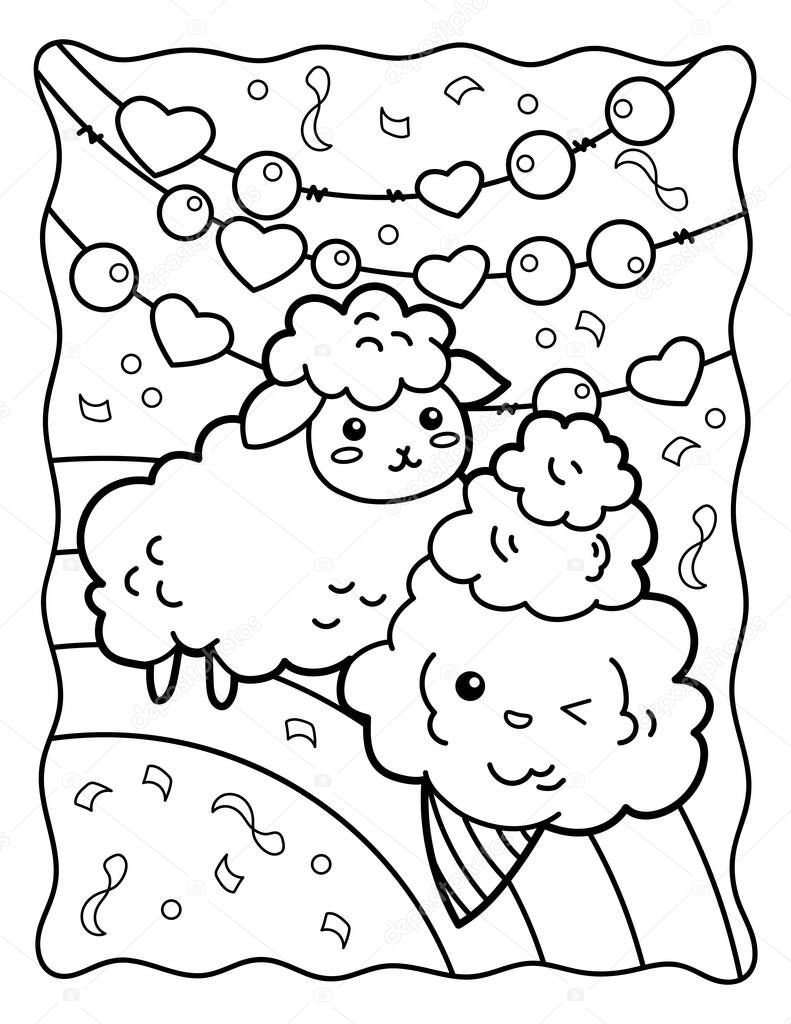 Kawaii coloring page. Cute lamb and cotton candy. Sweets. Coloring book. Black and white illustration.