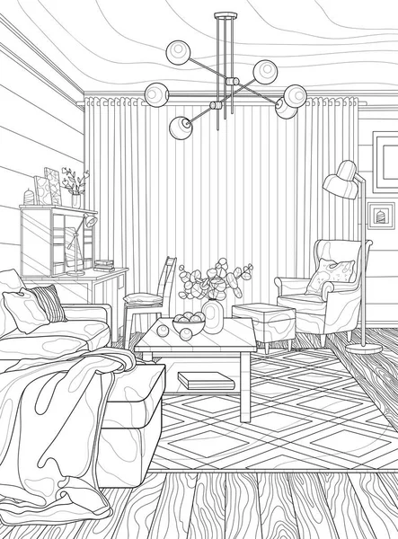 リビングルームのインテリア 大人向けのぬり絵 部屋のインテリア 白黒のイラスト — ストックベクタ