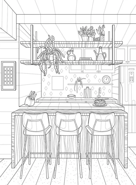 Interiér Kuchyně Barovou Židlí Omalovánky Pro Dospělé Interiéru Místnosti Černobílá — Stockový vektor