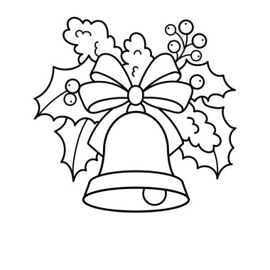 Holly Plant ile Noel çanı. Boyama kitabı. Noel zamanı. Yeni yıl. Siyah ve beyaz vektör resmi.