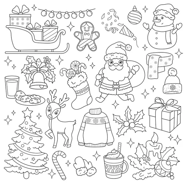 Conjunto Artículos Navidad Santa Ciervo Árbol Regalos Campana Caramelo Santi — Vector de stock