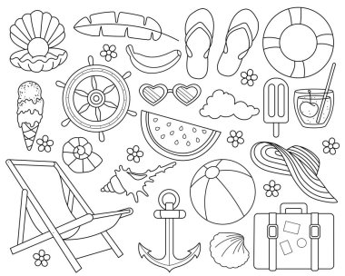 Plaj aksesuarları. Boyama. Denizde dinlen. Siyah ve beyaz vektör çizimi.