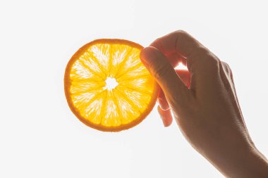 Hand holding a circular slice of orange against the light