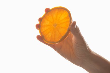 Hand holding a circular slice of orange against the light