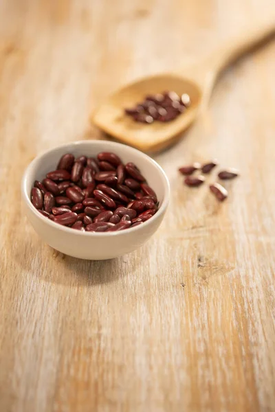 Red Kidney Beans Spoon Bowl Wooden Background — Stockfoto