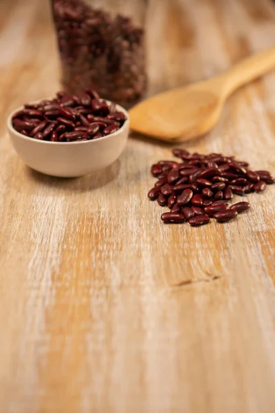 Red Kidney Beans Spoon Bowl Wooden Background — Stock Fotó