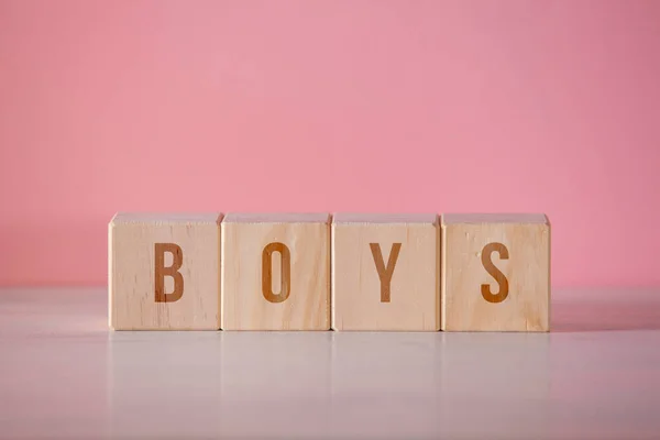 Four Wooden Cubes Written Word Boys Pink Background — Stockfoto