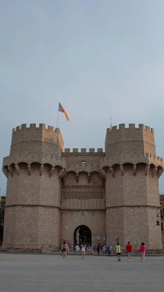 Picturesque Medieval Towers City Valencia Flag — Fotografia de Stock