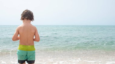 Four-year-old boy with a swimsuit and from the back looking at the beach