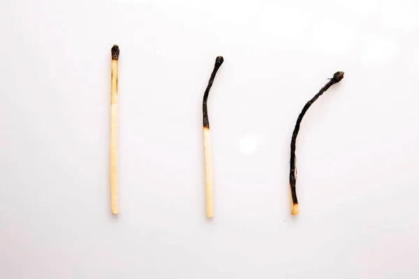 Small Burnt Wooden Matches White Background — 图库照片