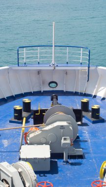 Front of a large ship sailing through blue waters