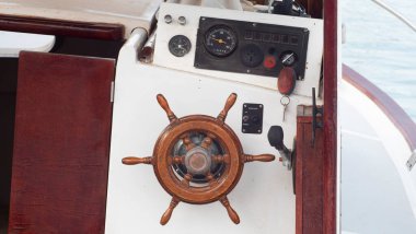Rudder of a small old ship moored in the port