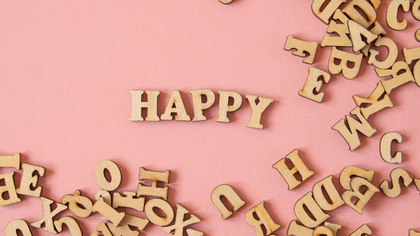 Word Happy Written English Wooden Letters Pink Background — Foto de Stock