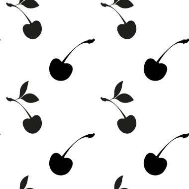 Çiçeksiz kiraz meyveli vektör deseni. Kirazlı ve yapraklı klasik botanik yinelenen doku. Kumaş ve giysi için zarif bir pul izi. Tekstil kumaşı.