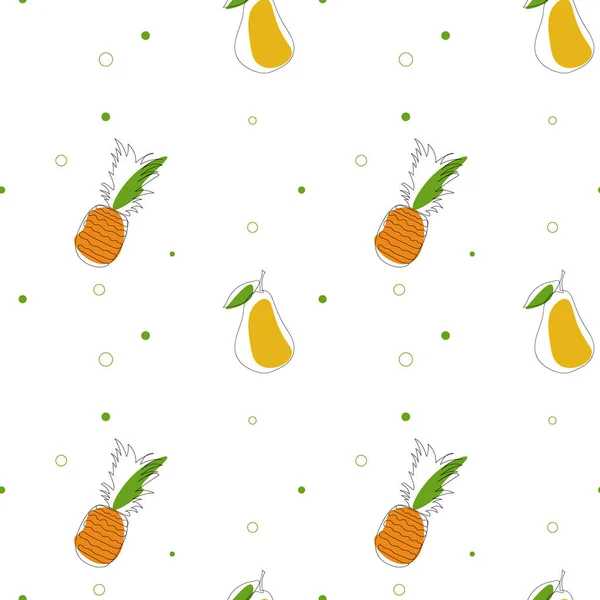 Fruits Seamless Pattern Pear Pineapple Line Art Style — Stock Vector