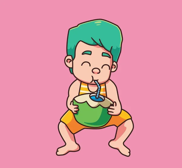 Cute Children Drinking Coconut Water Isolated Cartoon Person Illustration Flat — Vetor de Stock