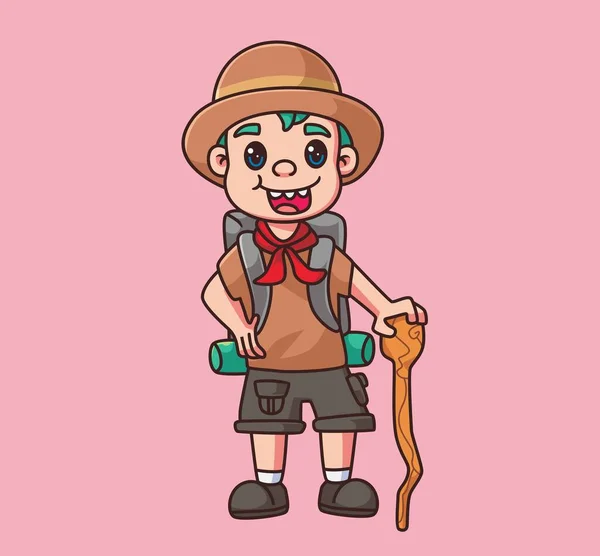 Explorer Holding Stick Isolated Cartoon Person Illustration Flat Style Sticker — Stockový vektor