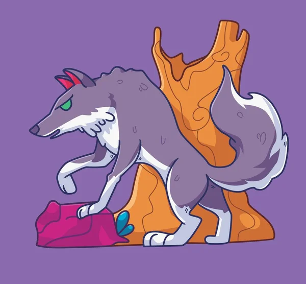 Cartoon Wolf Forest Isolated Animal Illustration Flat Style Sticker Icon — Stockvector
