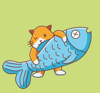 Cute ginger cat fishing and catch a big fish. Animal Isolated Cartoon Flat Style Icon illustration Premium Vector Logo Sticker Mascot