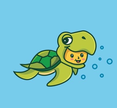 cute baby turtle costume swimming bubbles. cartoon animal nature concept Isolated illustration. Flat Style suitable for Sticker Icon Design Premium Logo vector. Mascot Character