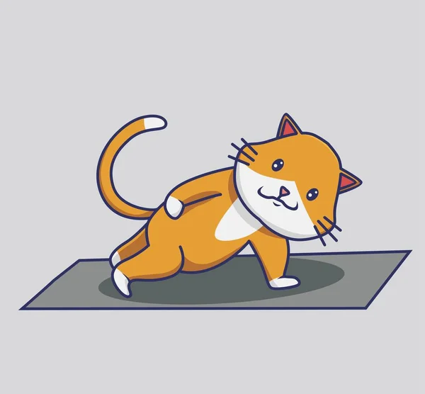 Cute Cat Doing Yoga Workout Animal Isolated Cartoon Flat Style — Stock Vector