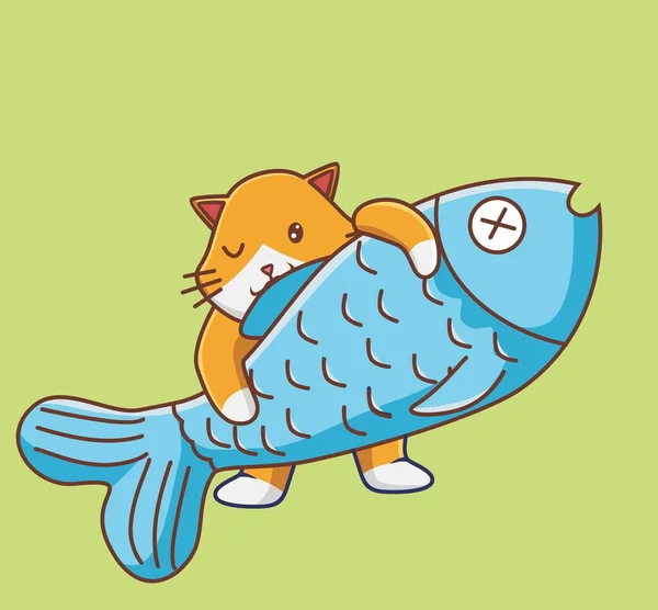 Cute Ginger Cat Fishing Catch Big Fish Animal Isolated Cartoon — Vetor de Stock