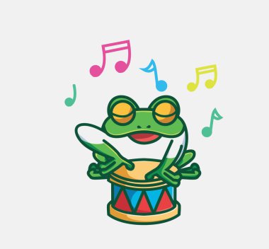 cute frog singing and play drum. cartoon animal nature concept Isolated illustration. Flat Style suitable for Sticker Icon Design Premium Logo vector. Mascot Character