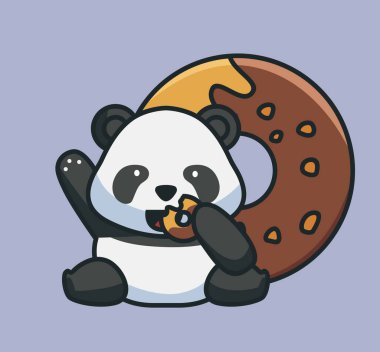 Cute baby panda eating donuts chocolate taste with giant donuts. cartoon animal food concept Isolated illustration. Flat Style suitable for Sticker Icon Design Premium Logo vector. Mascot Character