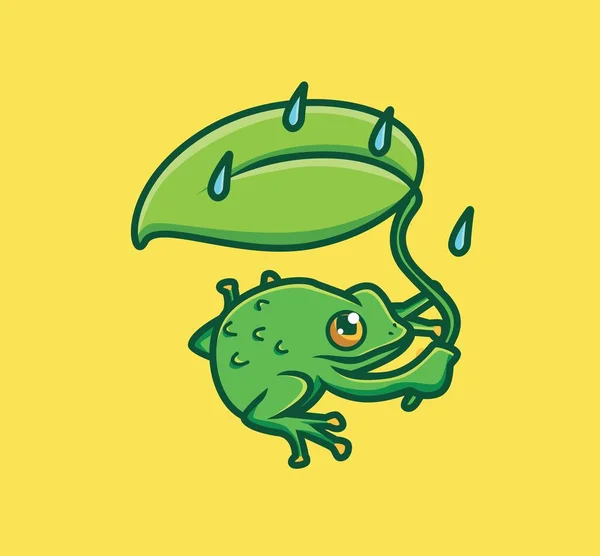 Cute Frog Holding Leaf Umbrella Rain Cartoon Animal Nature Concept — Stockový vektor