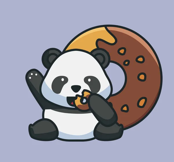 Cute Baby Panda Eating Donuts Chocolate Taste Giant Donuts Cartoon — Image vectorielle