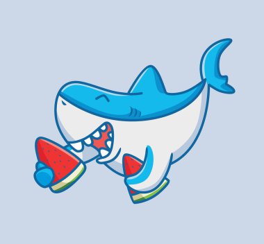 cute baby shark holding watermelon fruit. cartoon travel holiday vacation summer concept Isolated illustration. Flat Style suitable for Sticker Icon Design Premium Logo vector. Mascot Character