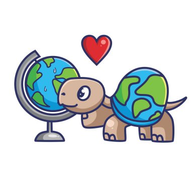cute turtle fall in love with globe earth. Animal cartoon Isolated Flat Style Sticker Web Design Icon illustration Premium Vector Logo mascot character