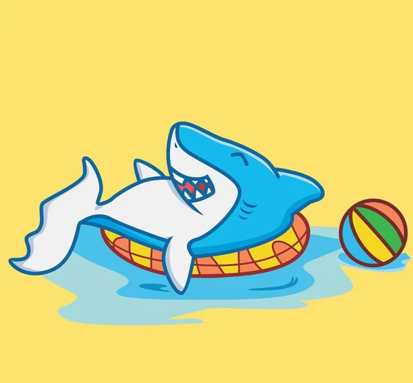 Cute Baby Shark Lifebuoy Ocean Colorful Ball Cartoon Animal Travel — Image vectorielle