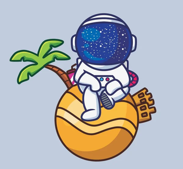 Cute Astronaut Sitting Planet Sand Castle Cartoon Travel Holiday Vacation — 스톡 벡터