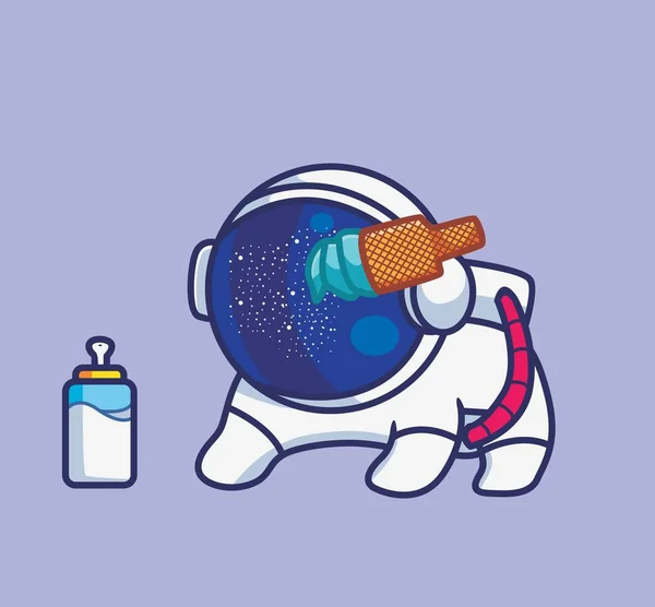 Cute Baby Astronaut Eat Ice Cream Milk Cartoon Travel Holiday — Image vectorielle