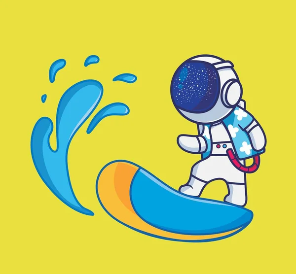 Cute Astronaut Playing Surfboard Huge Wave Cartoon Travel Holiday Vacation — Vector de stock