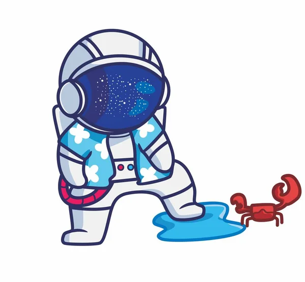 Cute Astronaut Play Crab Cartoon Travel Holiday Vacation Summer Concept — Vetor de Stock