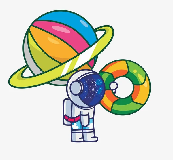 Cute Astronaut Bring Circle Lifebuoy Colorful Planet Ring Cartoon Travel — Image vectorielle