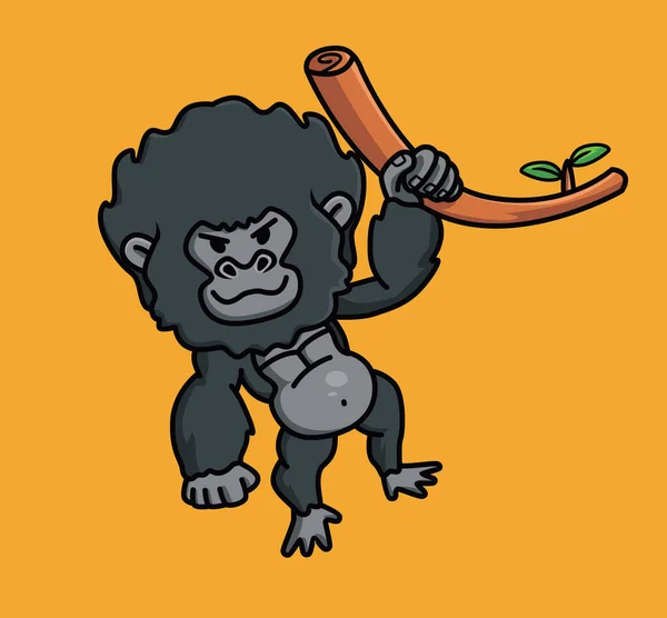 Cute Baby Young Gorilla Ape Black Monkey Holding Tree Branch — Stockový vektor