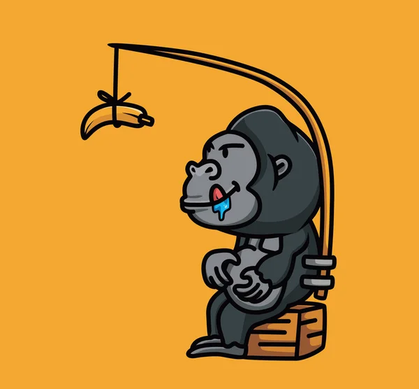 Cute Baby Young Gorilla Trapped Banana Stupid Big Banana Ape — Wektor stockowy