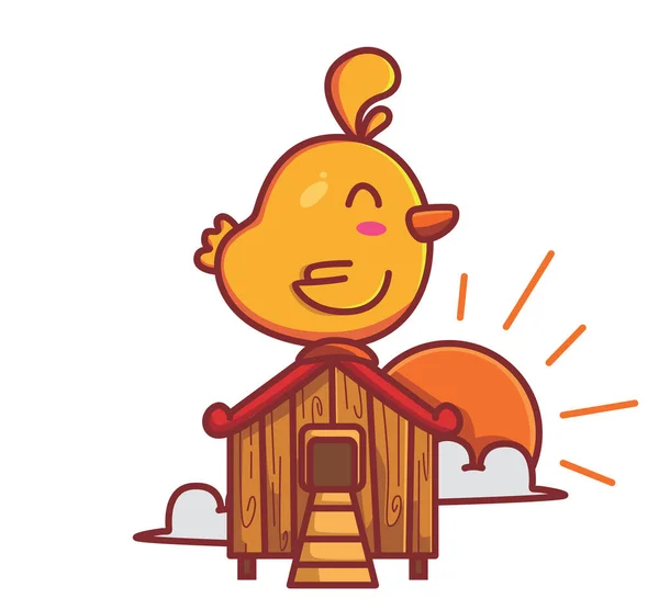 Cute Rooster Crowing Wooden House Sunrise Morning Vector Illustration Isolated — Stockový vektor