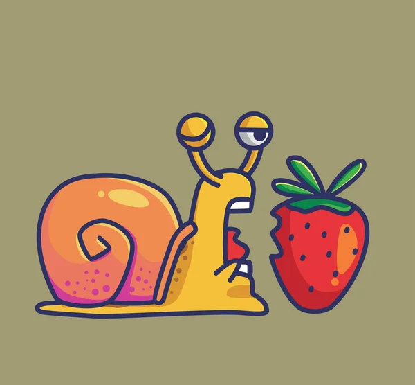 Cute Illustration Snail Eating Sweet Strawberry Animal Isolated Cartoon Flat — ストックベクタ