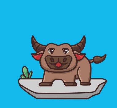 cute buffalo stay on the ground. cartoon animal nature concept Isolated illustration. Flat Style suitable for Sticker Icon Design Premium Logo vector. Mascot Character