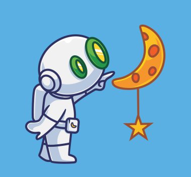 cute astronaut robot pointing at moon and star. Isolated cartoon science technology illustration. Flat Style suitable for Sticker Icon Design Premium Logo vector