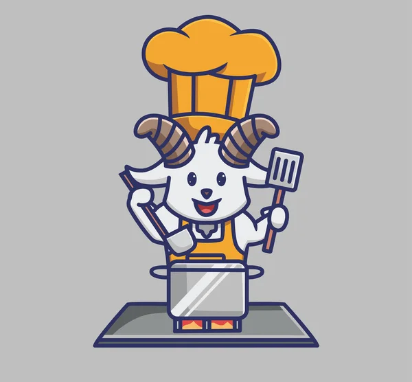 Cute Goat Cooking Chef Holding Spatula Animal Cartoon Isolated Flat — Stock Vector