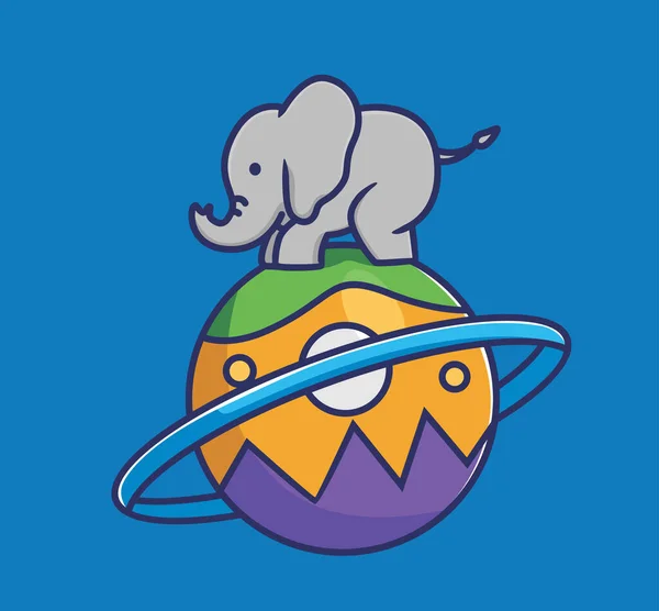 Cute Baby Elephant Balancing Big Colorful Planet Ball Animal Flat — Image vectorielle