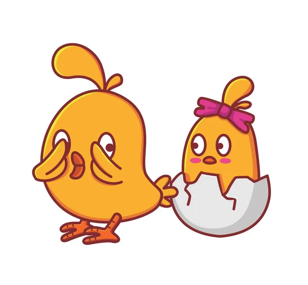 Cute Chicks Waiting His Little Sister Hatching Animal Flat Cartoon — Stok Vektör